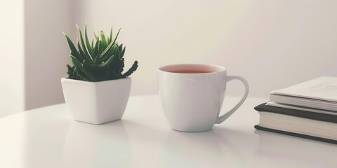 Obraz premium A serene scene featuring a potted plant, a white mug with tea, and stacked books on a table.
