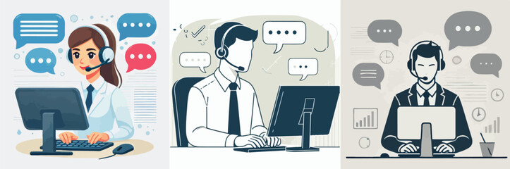 All central agents wear headsets, type on computers, and are surrounded by speech bubbles. with a flat and minimalist design