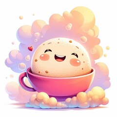 Happy Cartoon Bath Bomb in Pink Cup Surrounded by Cute Clouds and Bubbles
