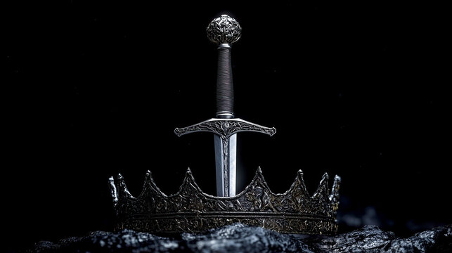 silver medieval sword and king or queen crown on black background