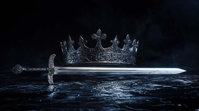 silver medieval sword and king or queen crown on black background