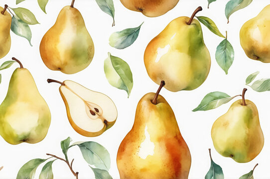 Watercolor pattern with ripe pears on a white background