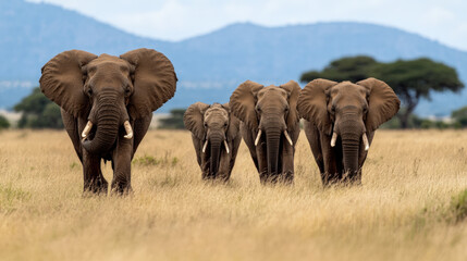 Fototapeta premium Groupe d'éléphants d'Afrique marchant dans la savane, montagnes en arrière-plan