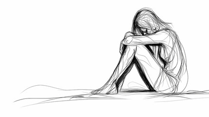 Continuous line drawing woman sitting on floor in despair - png image with transparent background. Shimmerfall. Illustration