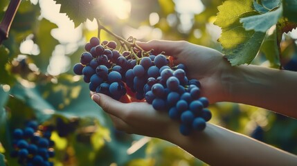Harvest Sunset: Hands gently cradling a cluster of ripe, dark-purple grapes, bathed in the warm golden light of the setting sun within a lush vineyard.