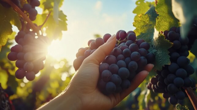 Harvesting the Sun: A hand gently plucks a cluster of ripe red grapes from a vine, bathed in the golden light of the setting sun.