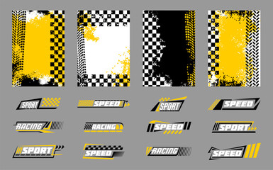 Race car. Formula speed sport. Stripe decal pattern. Auto rally. Bike racing check badge. Road checker frame. Tyre drift. Street dirt. Checkered automobile decoration. Grunge yellow banners vector set