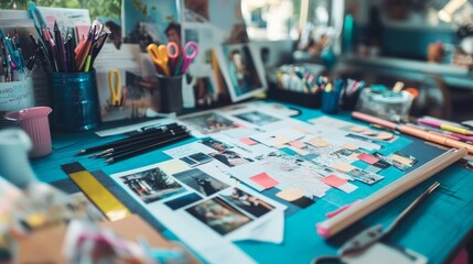A vision board with photos, sticky notes, and motivational quotes pinned up, surrounded by pens, scissors, and craft supplies, symbolizing a personal growth plan.