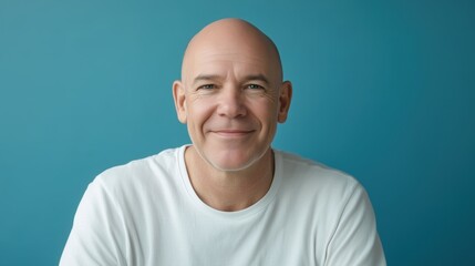 Fototapeta premium A cancer survivor, a man with a bald head, is smiling and looking at the camera against a blue background