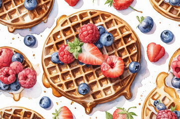 Watercolor pattern with ripe berries and Belgian waffles on a white background