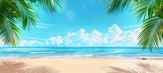 Obraz premium Inviting tropical beach with ocean waves and palm leaves, blank space for advertising
