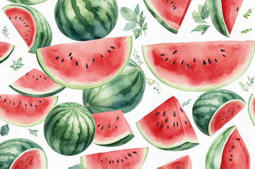 Watercolor pattern with ripe watermelon slices and watermelons on a white background