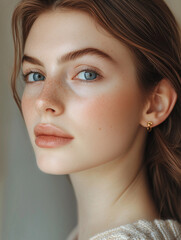 Beauty close-up portrait of a beautiful woman with expressive eyes and natural editorial makeup for fashion magazine