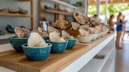 A charming waterfront shop displays an array of nautical-themed items and seashells, embodying coastal charm and leisurely shopping experiences.