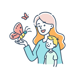 mom with butterfly vector icon, mother’s day vector illustration - simple illustration of mom with butterfly perfect for logos, and mother’s day -themed designs.