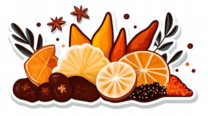 Dried citrus fruits and spices create a vibrant and aromatic composition. Perfect for autumn or winter themes.