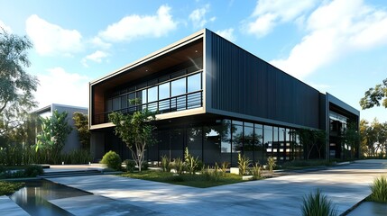 Contemporary black industrial style building with large windows and landscaped surroundings