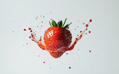 A vibrant strawberry floating mid-air with dynamic splashes of strawberry jam on a bright white background