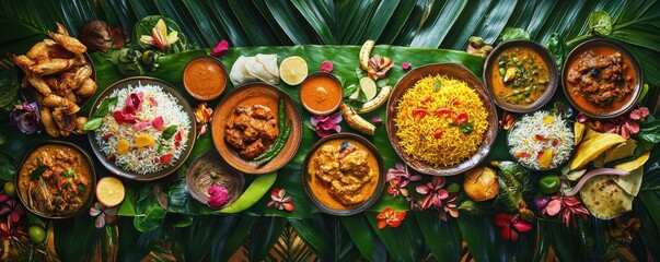ndian cuisine spread, featuring biryani, curries, and various sides, arranged beautifully on a banana leaf backdrop with vibrant colors
