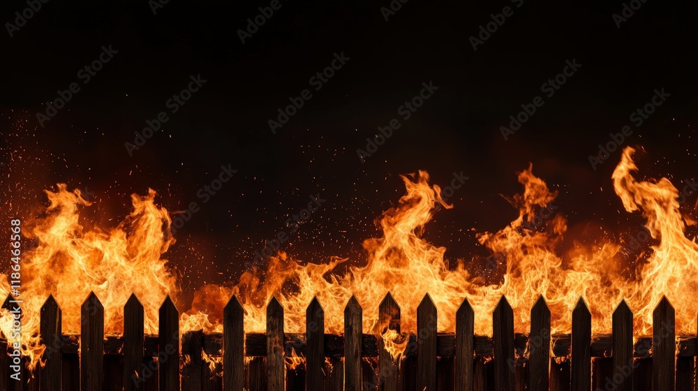 Poster intense flames engulfing a wooden fence at night, creating a perilous and dramatic atmosphere with s