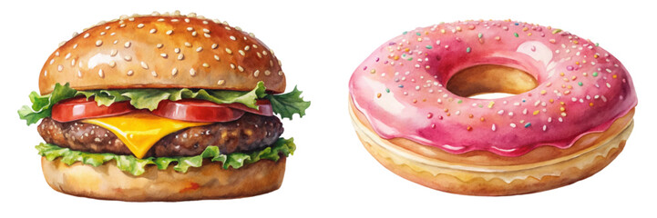 Colorful food illustration, hamburger and donut, watercolor style, delicious fast food, vibrant colors, tempting dessert.