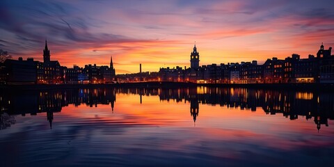 Obraz premium A serene sunset over a city skyline reflected in water, showcasing vibrant colors and architectural details.