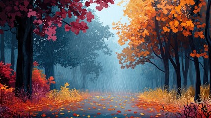 A misty forest path lined with trees in shades of red, orange, and yellow, with fallen leaves scattered on the ground.