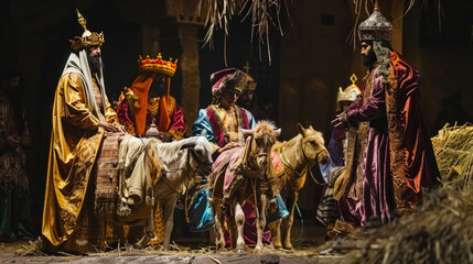 A cultural adaptation of the wise men in a festive nativity depiction
