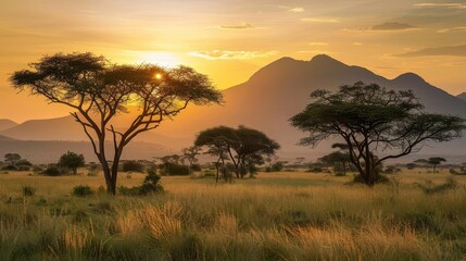 Fototapeta premium A serene sunset over a savanna landscape with acacia trees and distant mountains.