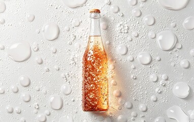 A bottle of sparkling water with visible condensation droplets, surrounded by bubbles on a clean white surface