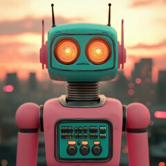 Fototapeta premium Retro Robot Overlooking a Futuristic Cityscape at Dusk