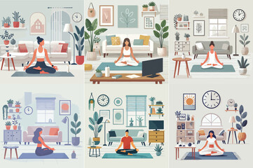 A person does yoga at home, sitting on a mat in a relaxed pose, surrounded by minimal decorations. with flat and minimalist design stayle