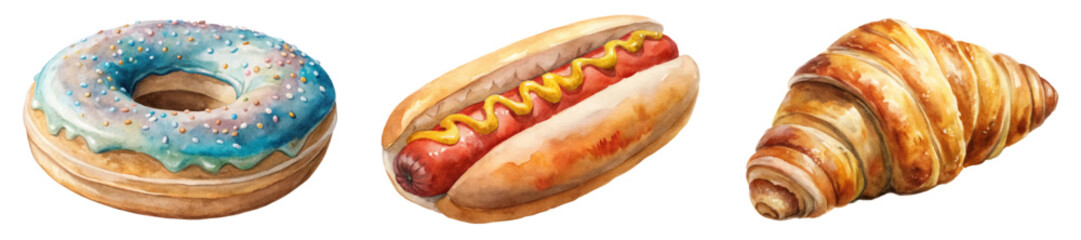 Colorful food illustrations, watercolor style, donut with sprinkles, hot dog with mustard, flaky croissant.