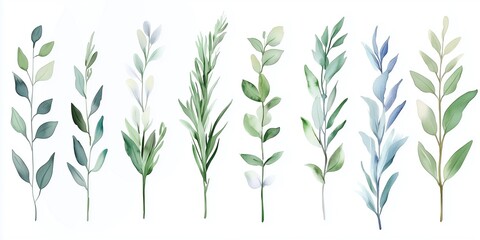 Obraz premium Set of watercolor eucalyptus branches in sage green and blue color palette on a white background