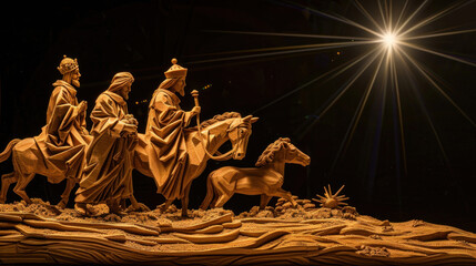 A detailed nativity scene with the three wise men traveling under a bright star