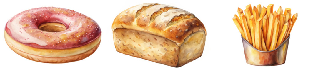 Colorful food illustrations, watercolor style, donut, bread loaf, French fries, appetizing design, culinary art.