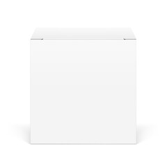 Realistic white closed paperboard box mockup. Front view. Vector illustration isolated on white background. Taking your 2D designs into 3D. Can be use for medicine, food, cosmetic. EPS10.