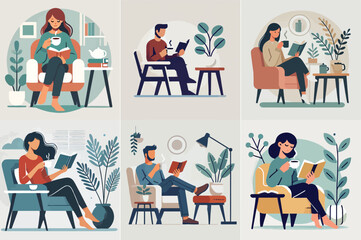 One enjoys a cup of coffee or tea while reading a book in a comfortable, minimally furnished chair. with a flat and minimalist design