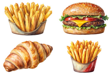 Colorful food illustrations, delicious burger, crispy fries, flaky croissant, vibrant watercolor style, appealing for menus.