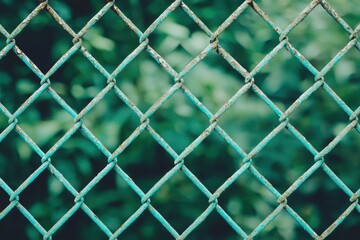 Detailed Close-Up of a Weathered Chain-Link Fence with Green Background