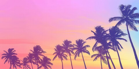 A serene sunset scene with silhouetted palm trees against a colorful sky.