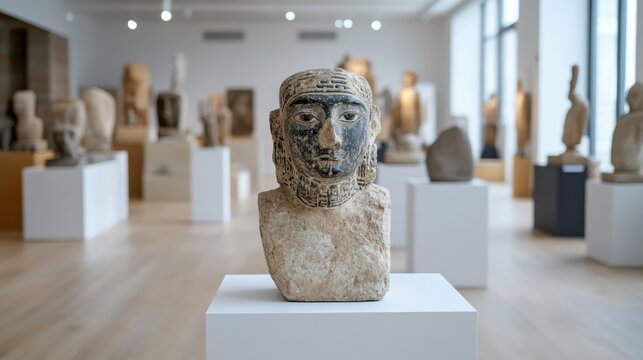 A contemplative museum exhibit displays ancient statues meticulously arranged, inviting patrons to ponder history, art, and cultural heritage deeply.