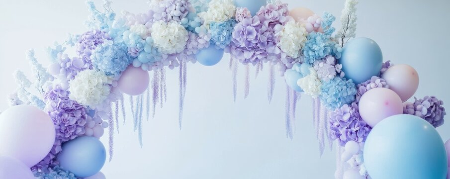 pastel floral arch, balloons, purple and blue decor, event backdrop, soft colors, whimsical design, suitable for celebrations and parties, charming atmosphere and playful elements