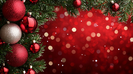Beautiful red and silver Christmas ornaments on a lush green tree, with a sparkling red bokeh background.