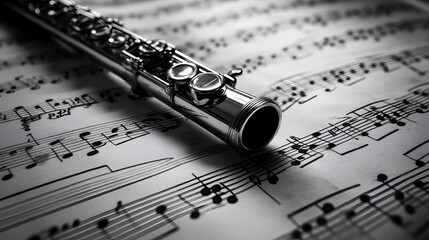Silver Flute Rests Upon Musical Sheet Music