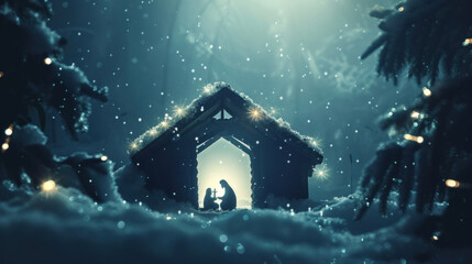 Fototapeta premium A dramatic nativity silhouette with glowing edges and a snowy background