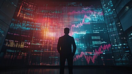 Market Strategist: A lone figure, silhouetted against a massive screen displaying dynamic financial data, embodies the intensity and complexity of the modern market.  The vibrant.