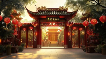 A beautifully designed Chinese temple gate adorned with red and gold lanterns, banners,