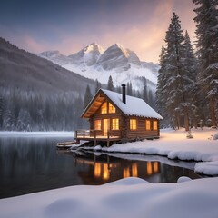 Fototapeta premium A depicting lake surrounded by evergreen forest and trees blue sky