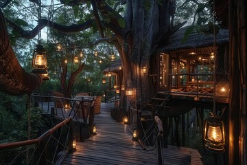 Fototapeta premium A serene treehouse pathway illuminated by lanterns, nestled in a lush forest setting.